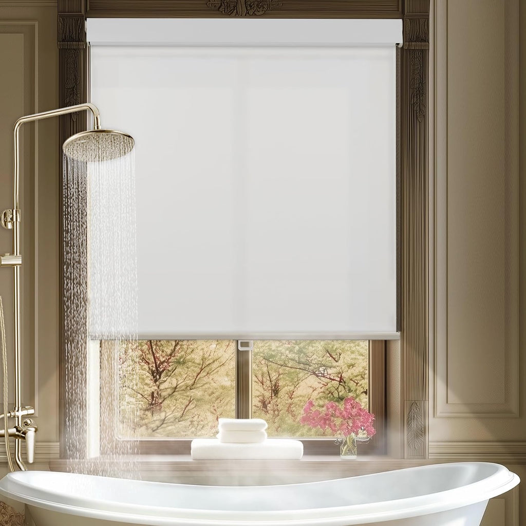 No Drill Cordless Blackout Roller Shades with Valance, Waterproof UV Protection Privacy Drilless Easy Install Blinds