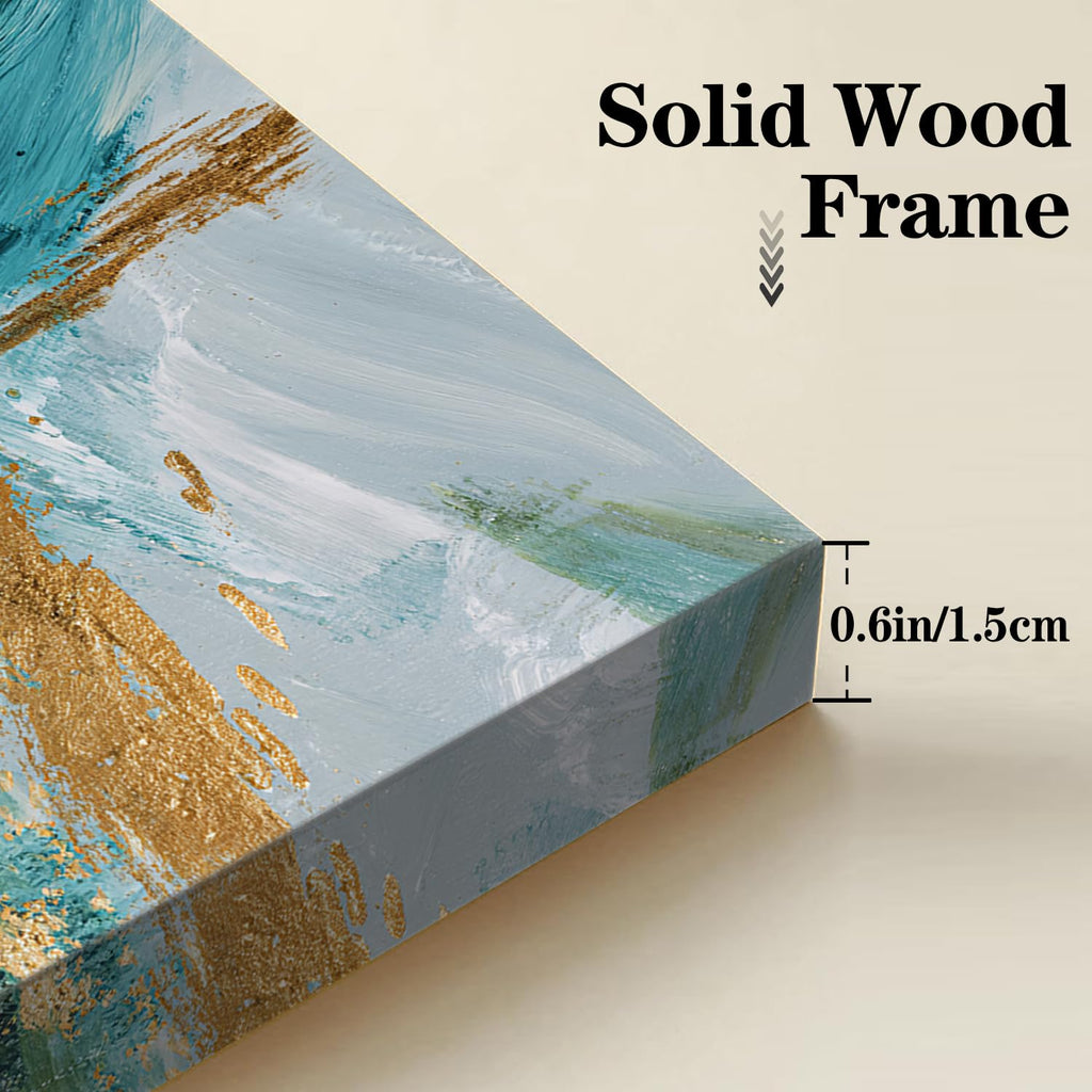 3 Piece Abstract Wall Art, Blue Teal and Gold Foil Canvas Prints, Modern Minimalist Ocean Abstract Painting, Framed
