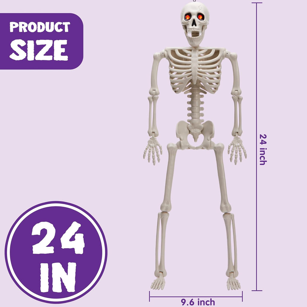 24 Inch Halloween Posable Skeleton with LED Red Glowing Eyes, 2FT Realistic Hanging Skeleton Bone Full Body Movable