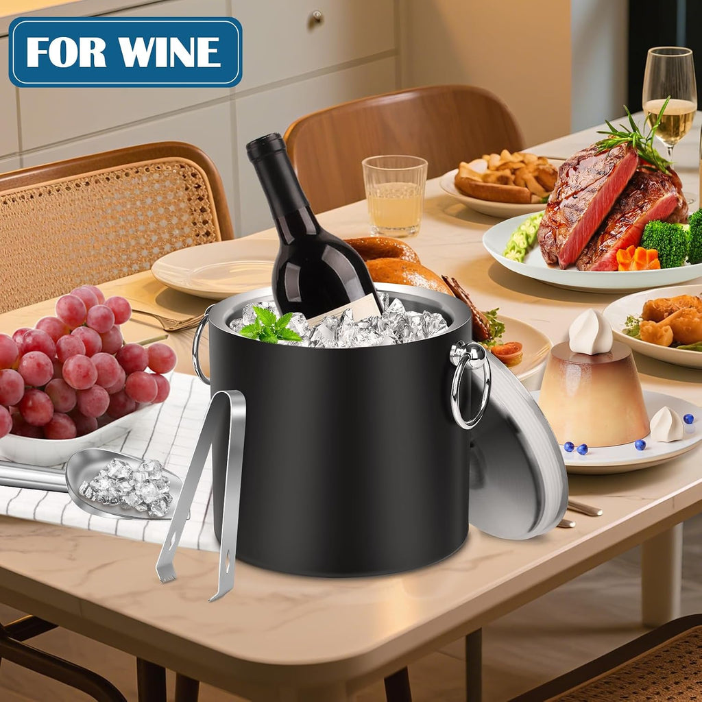 Ice Bucket with Lid & Tong- Well Made Insulated Stainless Steel Keep Ice Frozen Longer