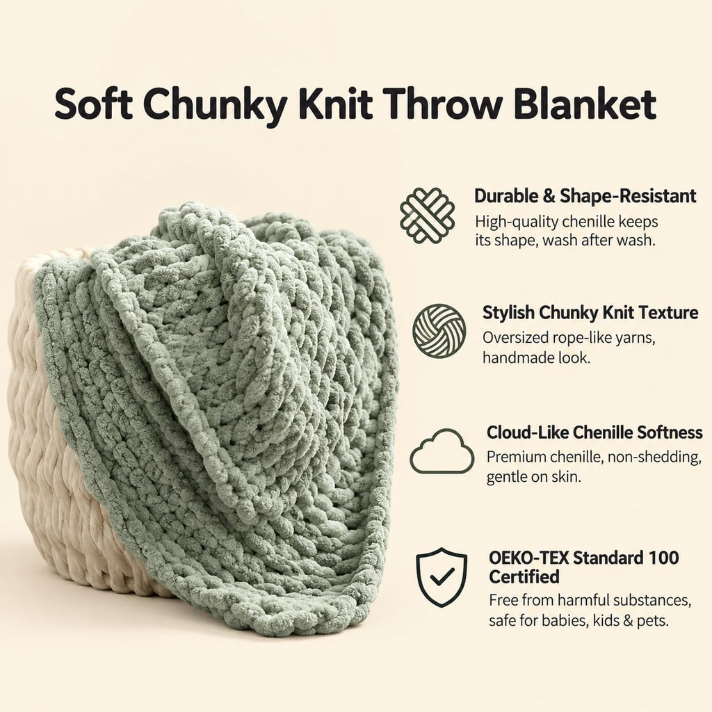 Chenille Chunky Knit Throw Blanket 50"x60", Sage Green