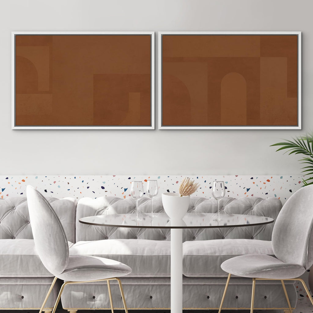 Framed Canvas Print Wall Art Set Mid-Century Brown Polygon Landscape Abstract Shapes Digital Art Modern Art