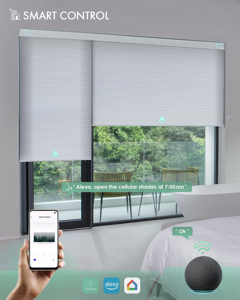Motorized Cellular Shades, Custom, Light Filtering, White Double