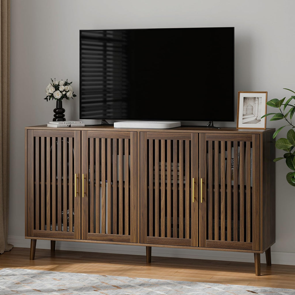 Buffet Cabinet with Storage Walnut Sideboard with Grille Doors&Adjustable Shelf, Wood Coffee Bar Storage Cabinet