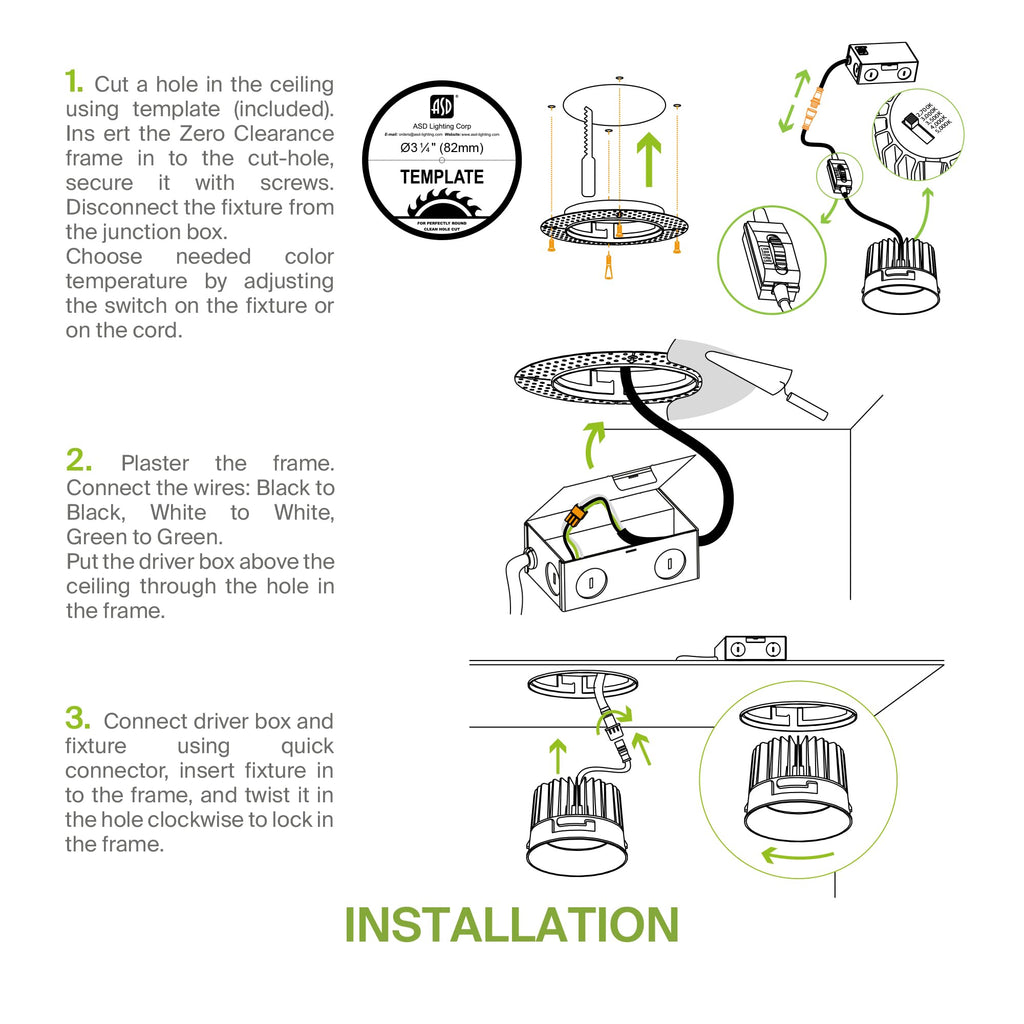 3 Inch Trimless LED Recessed Ceiling Light Fixture, Mud-in Canless Downlight with Junction Box, 5CCT Selectable