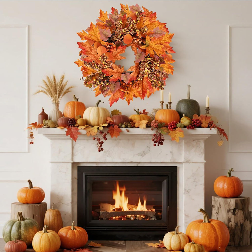 24 lnch Artificial Fall Wreath for Front Door Autumn Wreath with Hanger
