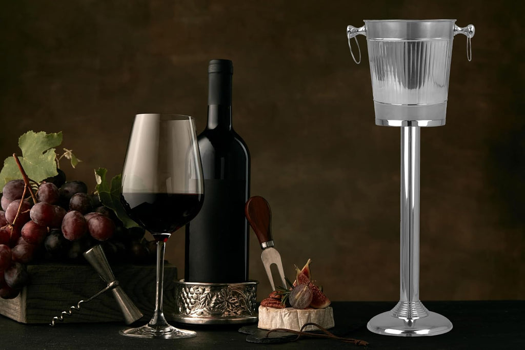 Vertical Striped Nickel Plated Majestic Wine & Ice Bucket with Steel Bucket Stand | Wine Chiller On Stand Kitchenware
