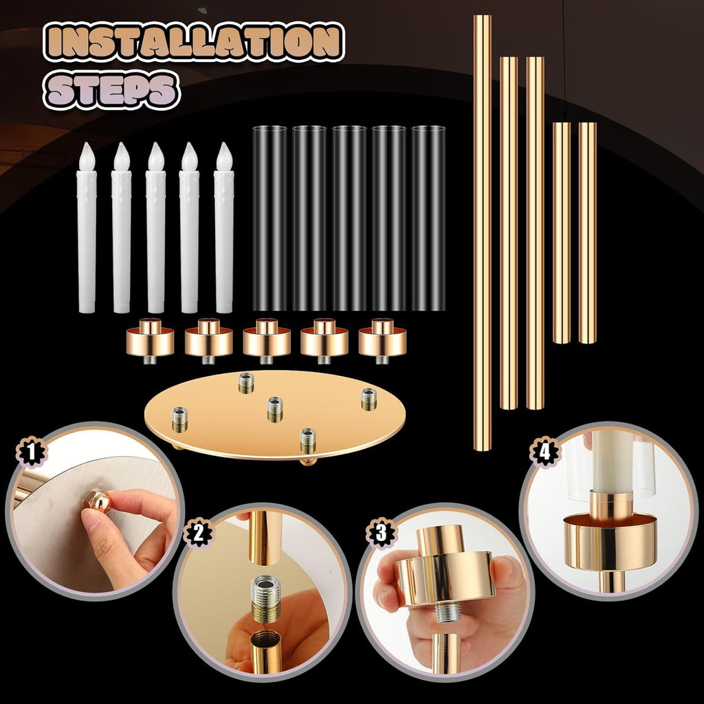 8 Set Gold Candelabra Centerpieces for Tables, 26.8 Inch 5 Arm Candle Holders with LED Candles and Acrylic Cylinders