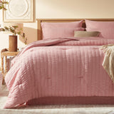 Full Comforter Sets 7 Pieces, Pink Seersucker Bed in a Bag Set Full, All Season Luxury Bedding Sets with Comforter