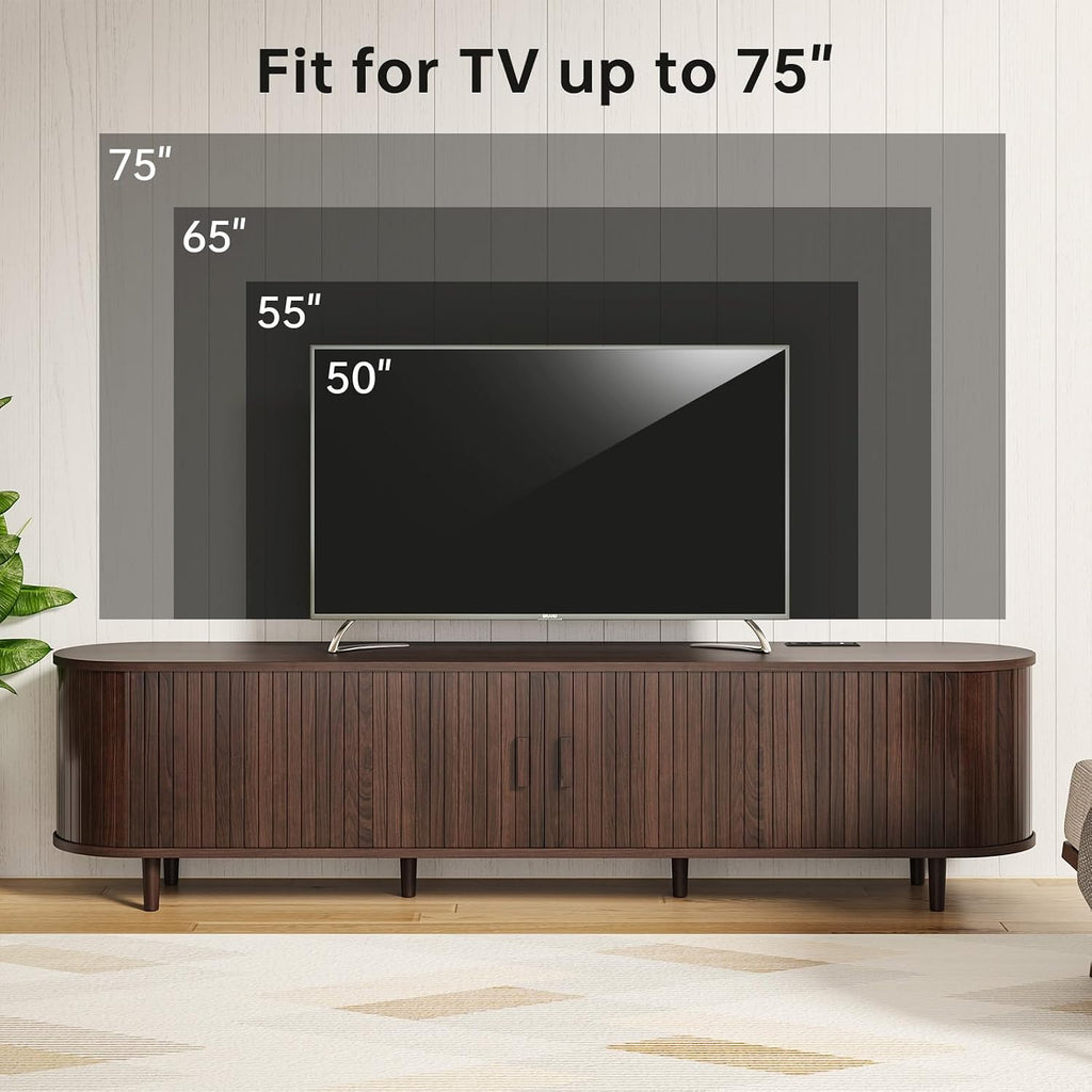 70" Mid Century Modern TV Stand, Wood TV Consoles with Sliding Doors and Power Outlet, Entertainment Center with