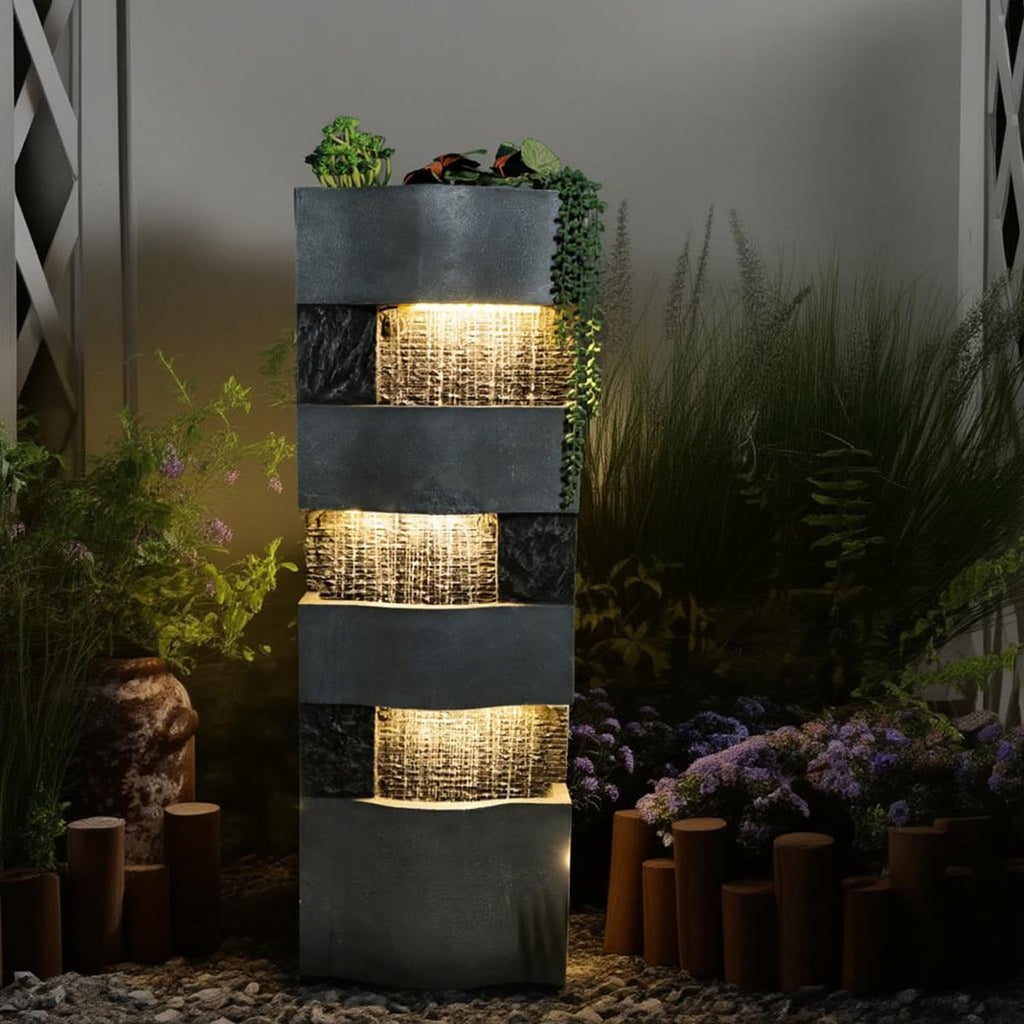 40.5" H Modern Outdoor Water Fountain with LED Lights - Tall Garden Waterfall Fountain