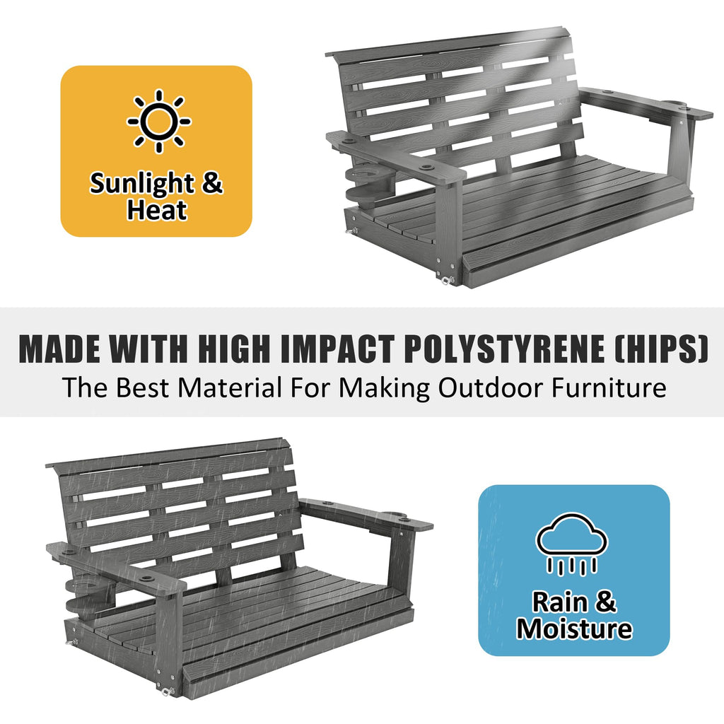 Poly Lumber 2-Seat Porch Swing, HIPS 4-Feet Bench Swing with Foldable Cup Holders, 18/8 Stainless Steel Hardware, High