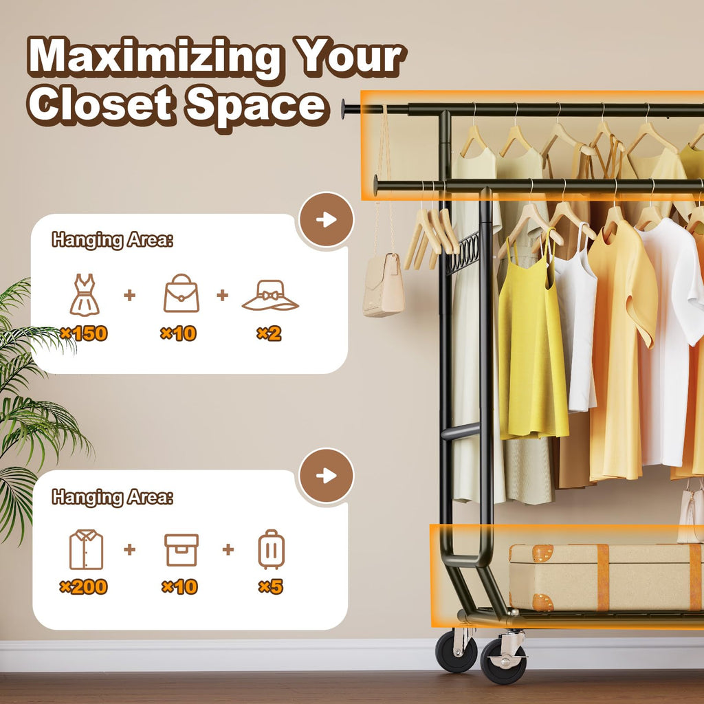 Clothes Rack Load 650 LBS Collapsible Clothing Rack Double Rod