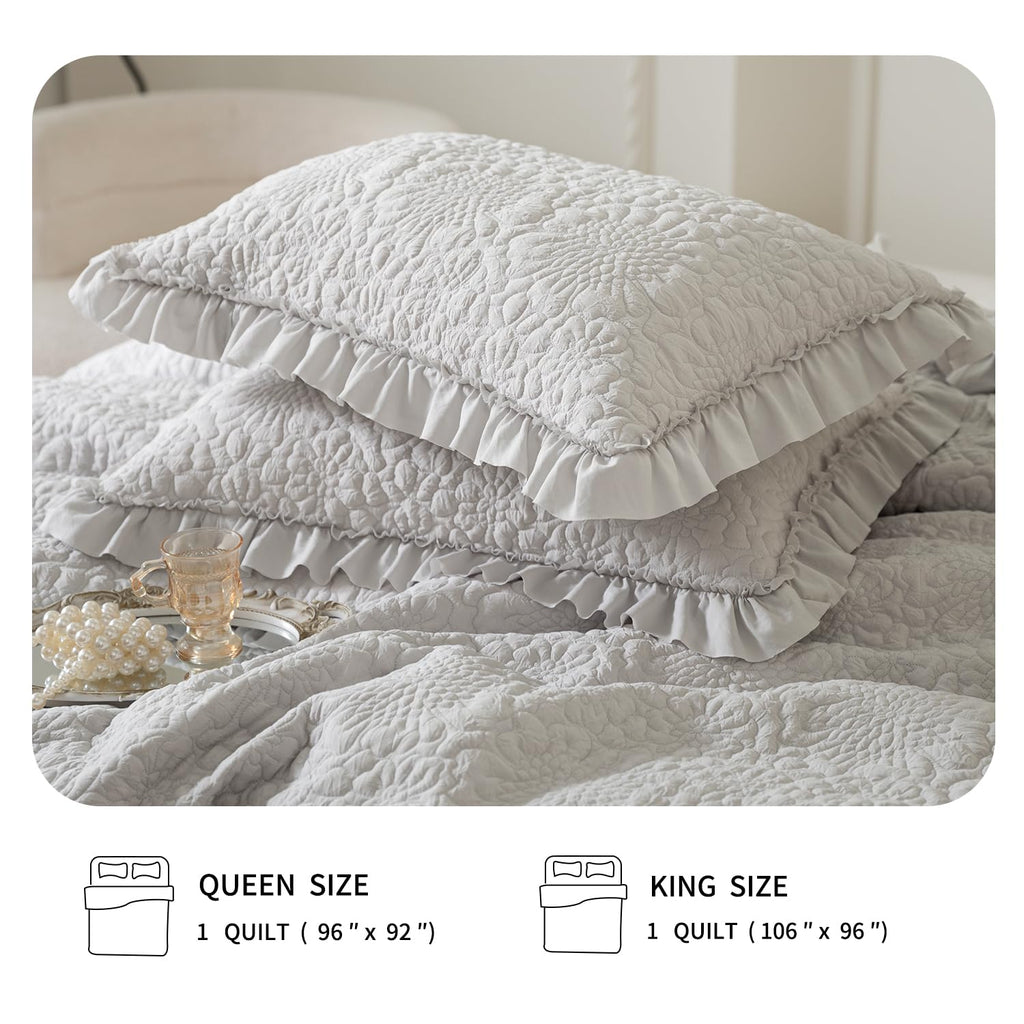 Dark Grey Farmhouse Quilt Set, Ruffled Stone-Washed Bedding