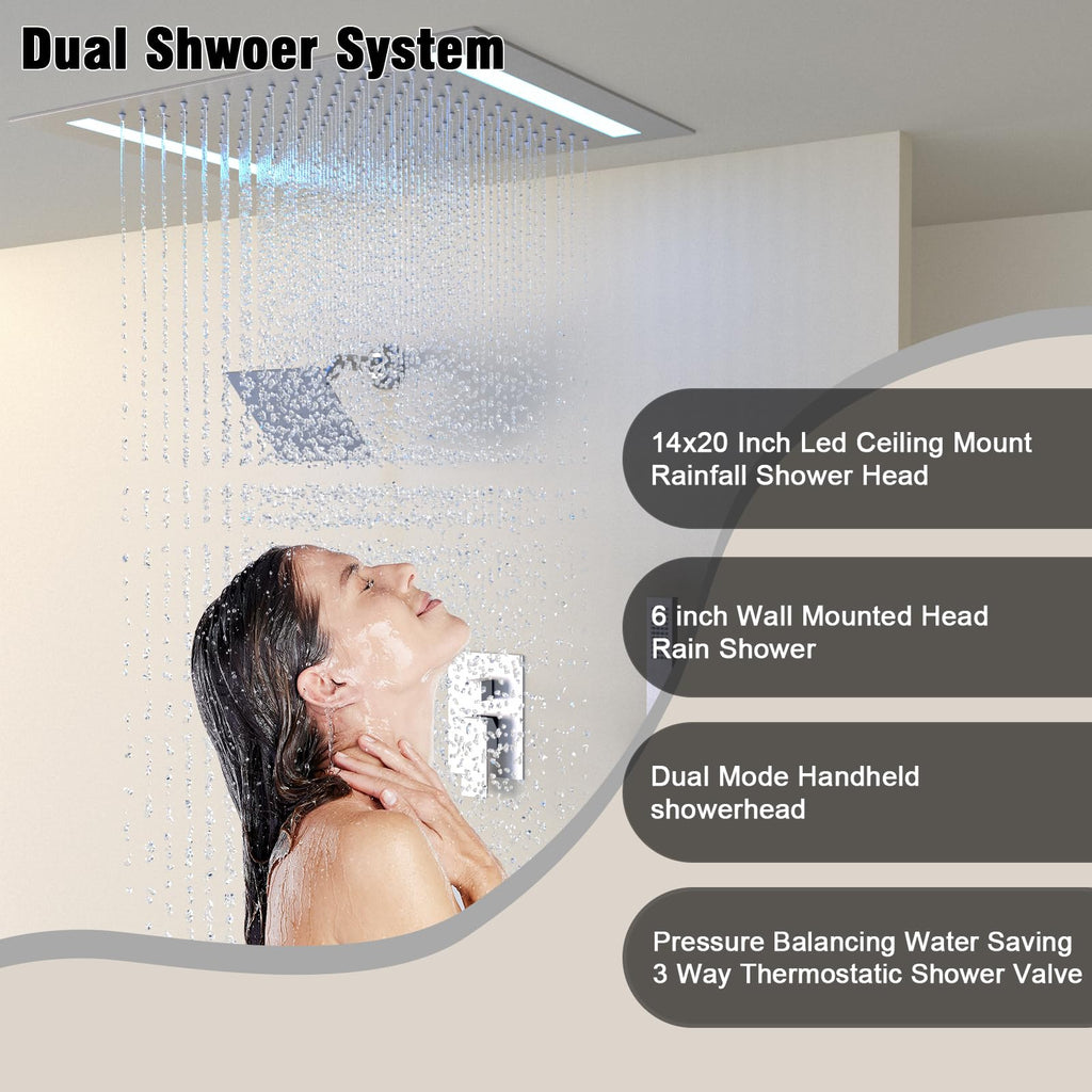 Rain Shower Head System with 14x20 Inch Ceiling Mount LED Head & 6 Inch Wall Head and Handheld Shower 3 Way Pressure
