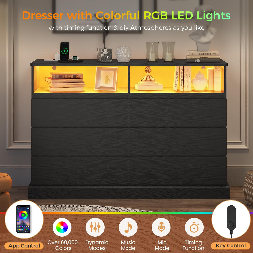 Black Dresser with LED Lights with Charging Station, 6 Drawer Double Dresser with No Handle Drawers, Modern Chest of