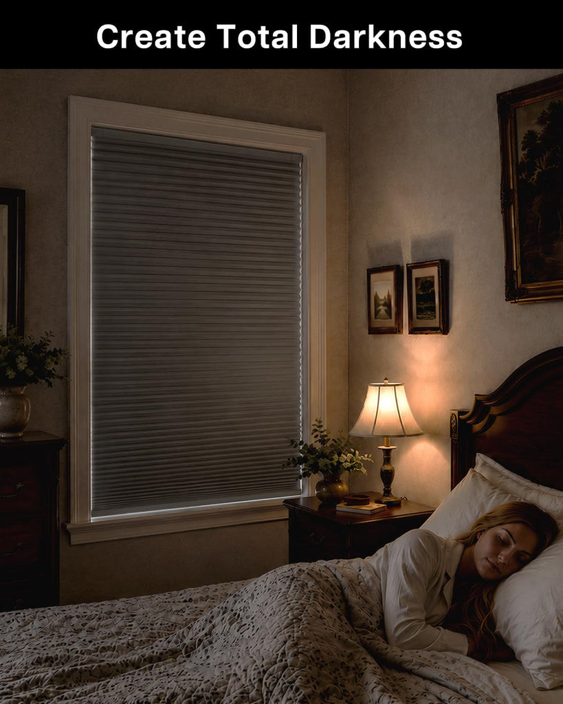 No Drill Blackout Cellular Shades, White | No Tools Cordless Honeycomb Blinds Thermal Insulated, Noise Reducing