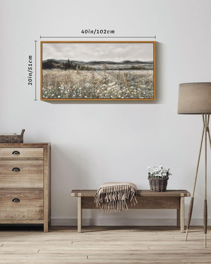 20x40in Extra Large Vintage Framed Wall Art Meadow with Flowers Landscape Painting Retro Scenery Farmhouse Bedroom