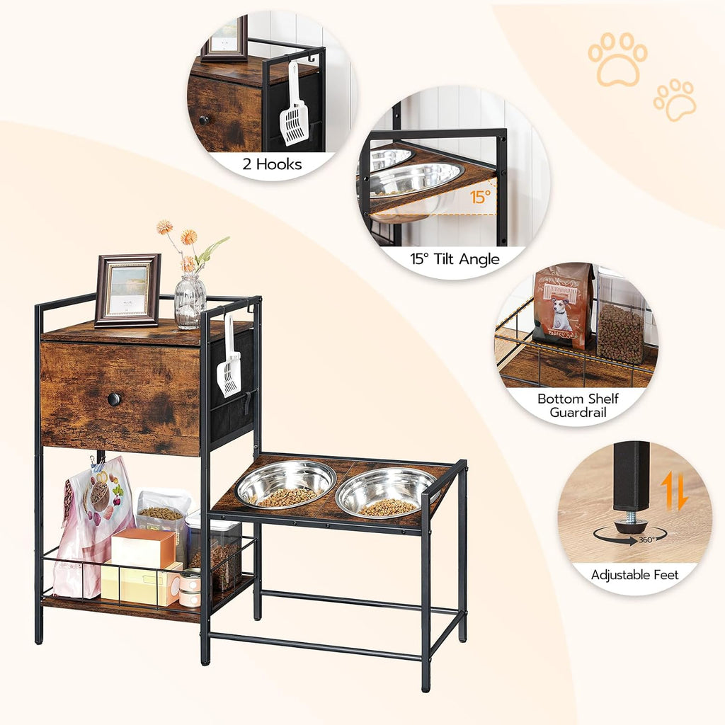 Elevated Dog Bowls Stand with Drawer, Height Adjustable Raised Feeding Station Cabinet with Storage Basket, 4-IN-1