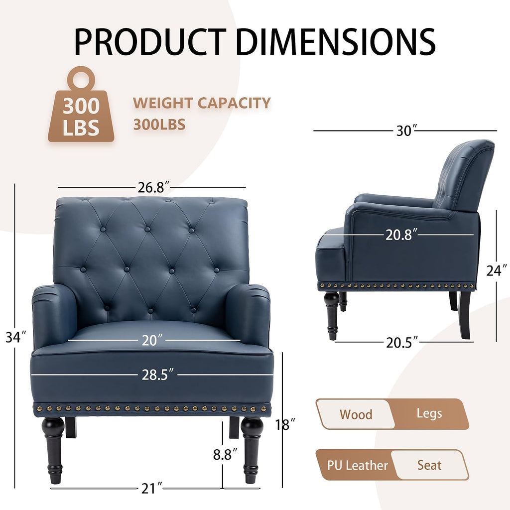 PU Leather Accent Chair, Mid-Century Armchair Living Room Sofa Chair with Rubber Wood Leg, Club Chair with Rivet Trim