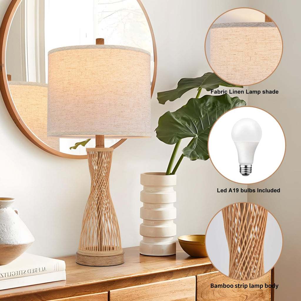 Lamps Wooden Bamboo Strip Table Lamp Farmhouse Bedside Lamps Set of 2 Wood Table Lamp Desk Light Bedroom Lights