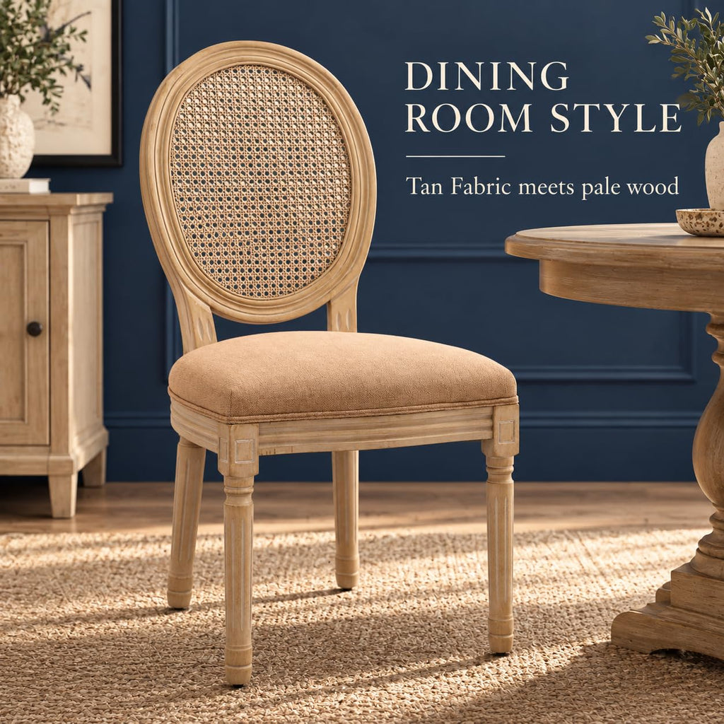 Vintage French Country Dining Chairs Set of 6, Rattan Dining Chairs with Solid Wood Legs, Amber Upholstered Chair