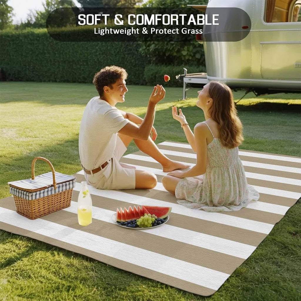 Outdoor Rug, Modern Minimalist Stripe Art Waterproof Outside Area Rug, Khaki and White Line Non Slip Deck
