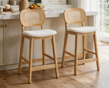 Rattan Counter Height Bar Stools Set of 2, Upholstered Farmhouse Barstools with Woven Back, Boho Wood Kitchen Island