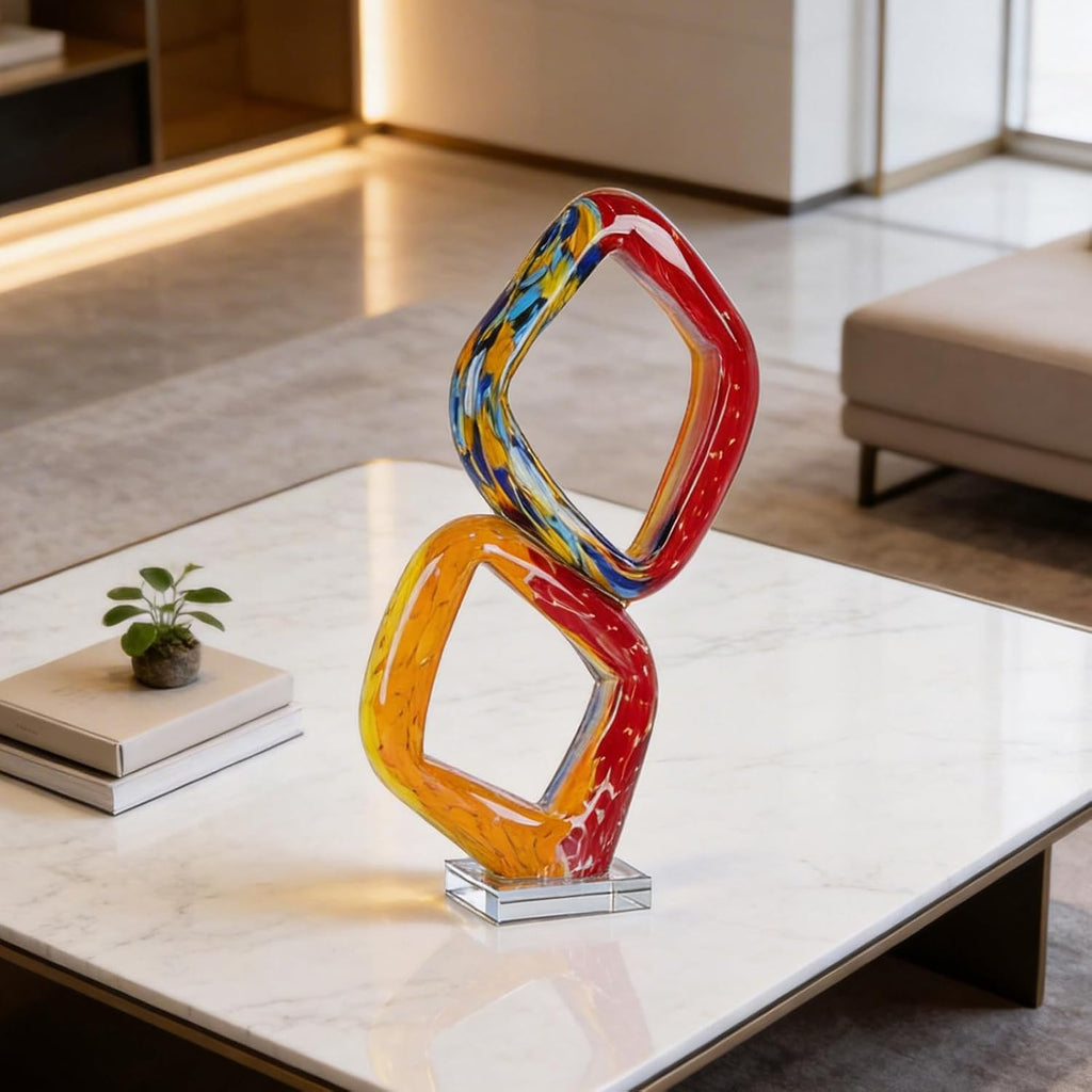 18.5′′ Hand Blown Glass Sculpture Abstract Geometric Loop Art, Murano Style Swirled Glas Contemporary Centerpiece