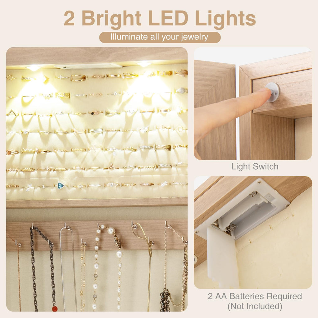 Wall Door Jewelry Armoire, 47.5" H Full Length Mirrored Jewelry Cabinet with 2 LED Lights and 2 Drawers, Lockable