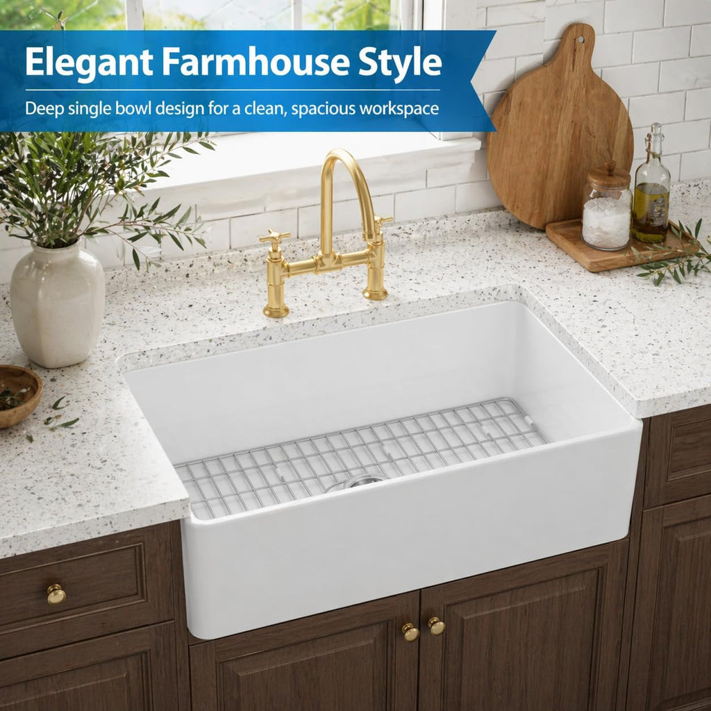 Farmhouse Kitchen Sink 36"x18"x10", Large Deep White Fireclay Single Bowl, Apron Front, Durable & Easy-Clean Ceramic