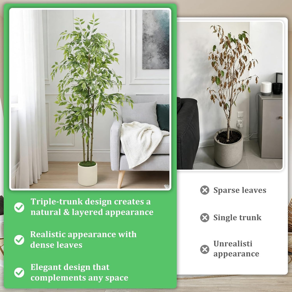 5ft Artificial Ficus Tree with Triple Trunk & White Planter Faux Ficus Tree