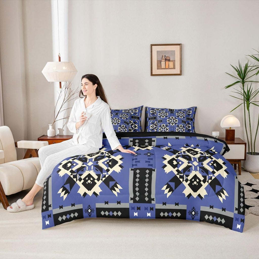 Navy Blue Southwestern Comforter Set 7-Piece Bed in a Bag | Lightweight Aztec Tribal Bedding Sets Black White