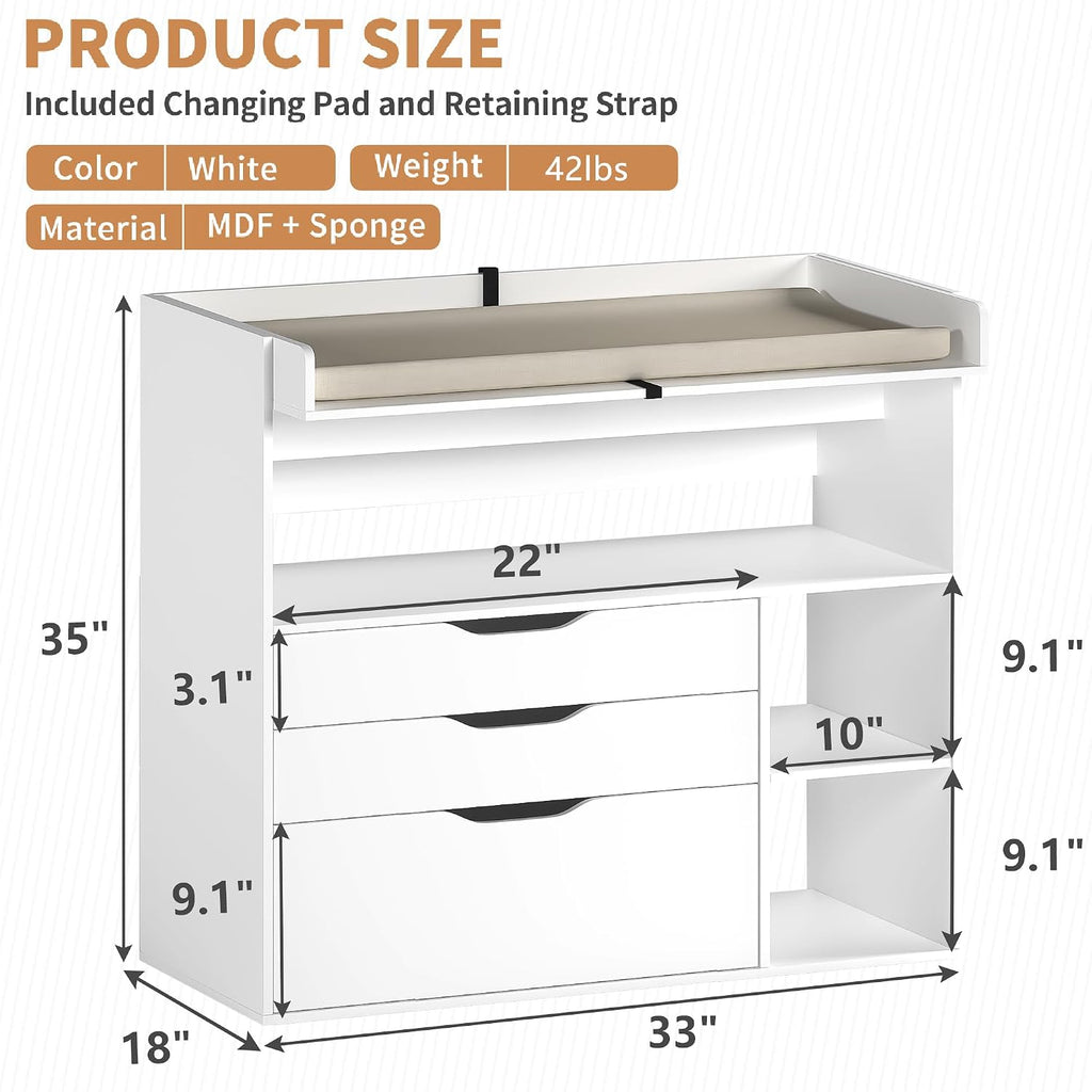 Baby Changing Table Dresser with 3 Drawers and 3 Storage Shelves, Can be Used as a Baby Dresser with Changing Table