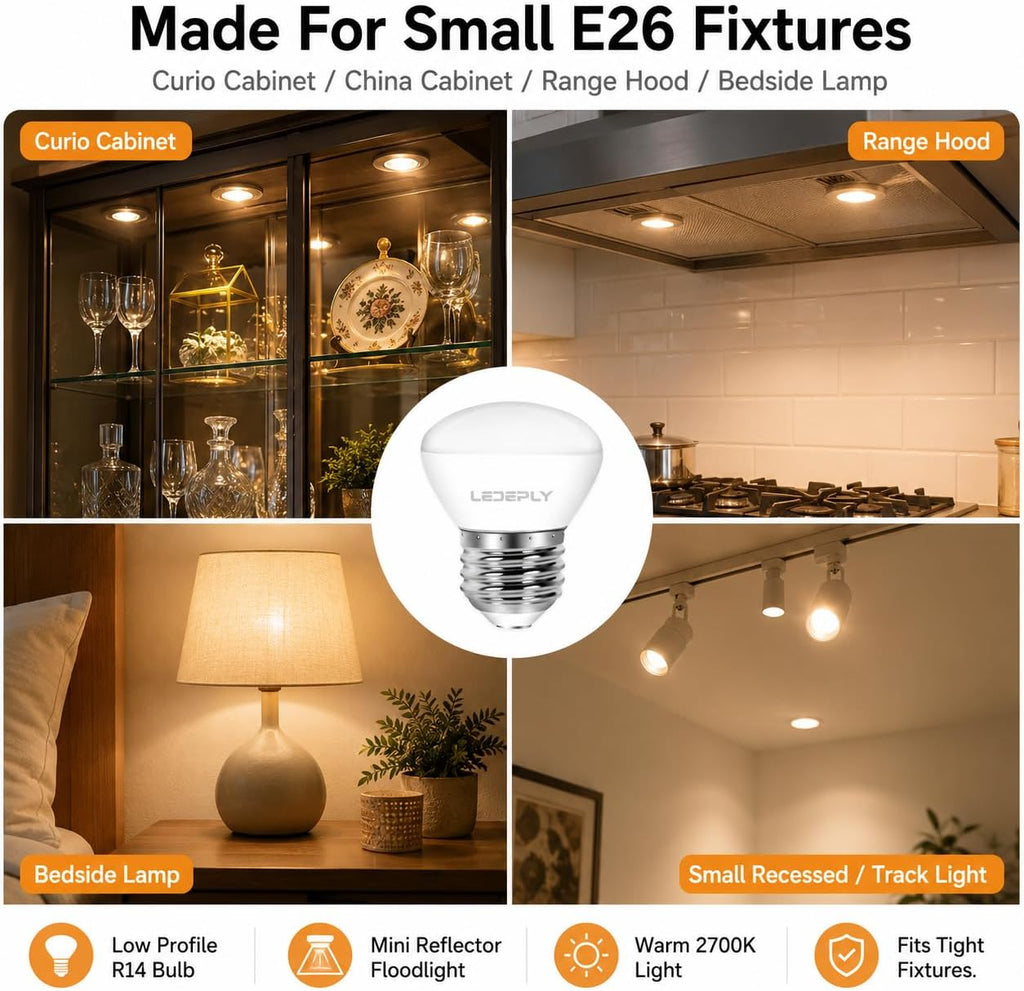 R14 LED Bulb, 4W=40W Dimmable E26 Base Mini LED Reflector Floodlight Bulbs, 400 Lumens 2700K Warm White, Low Profile