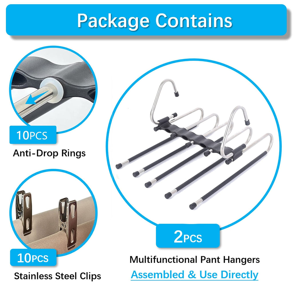 Magic Pants Hangers Space Saving - 2 Pack for Closet Multiple Layers Multifunctional Uses Rack Organizer for Trousers