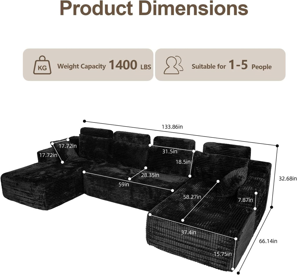 Boneless Couches - 134" Modular Sectional Sofa U Shaped Oversized Deep Seat High Back Corduroy No Assembly Modern