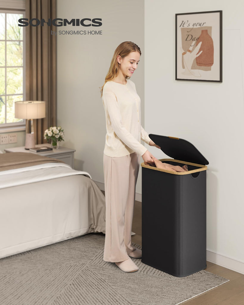 Laundry Hamper with Lid, 100L Laundry Basket, Bamboo Frame