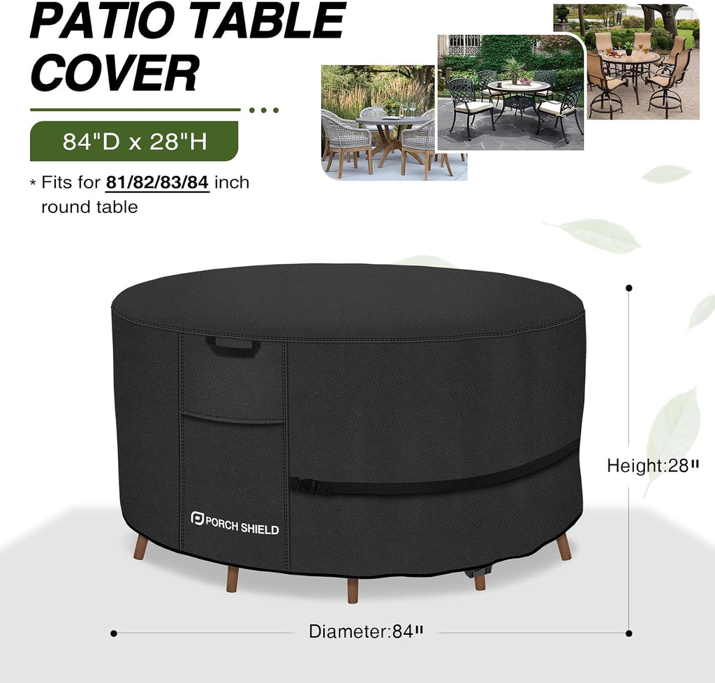 Waterproof 600D Round Patio Table Cover 84 inch, Black | Heavy Duty Polyester Fabric, Outdoor Table and Chairs Set