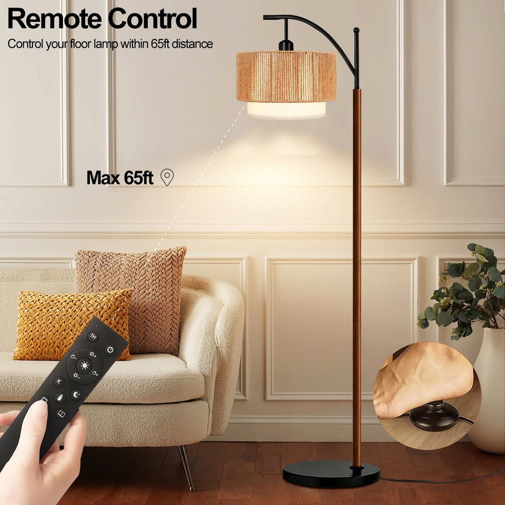 Arc Black Floor Lamp Bedroom with Remote, Rattan Boho Floor Lamps with 3 Color Temperatures, Rustic Standing Lamp with