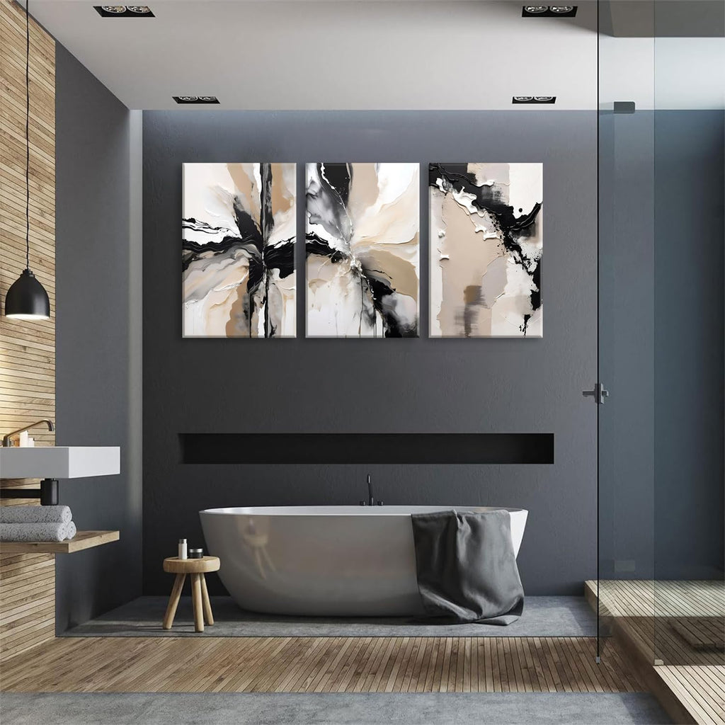Framed Black and Brown Abstract Geometric Canvas Wall Art Modern Grey White Beige Print Poster Set of 3 Painting