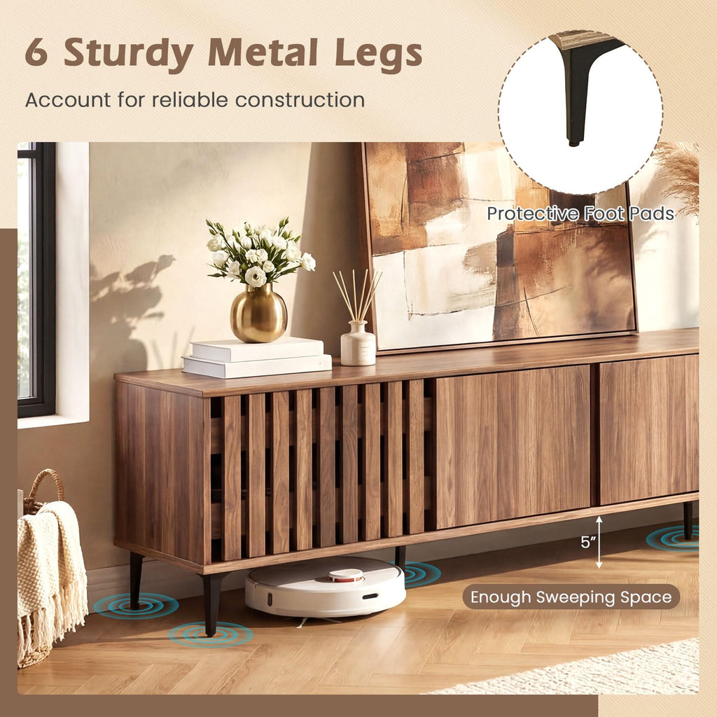 4-Door Slatted TV Stand for 80 Inches TVs, Mid Century Modern Entertainment Center with 4 Storage Cabinets, Wooden TV