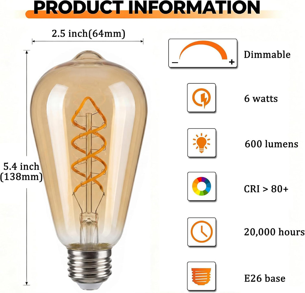 6W ST64 LED Edison Bulbs 60 Watt Equivalent, E26 Amber Glass 2500K Dimmable