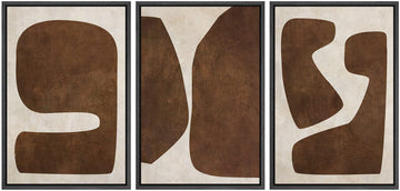 Framed Canvas Print Wall Art Set Brown Tan Retro Polygon Collage Abstract Shapes Illustrations Modern Art Geometric