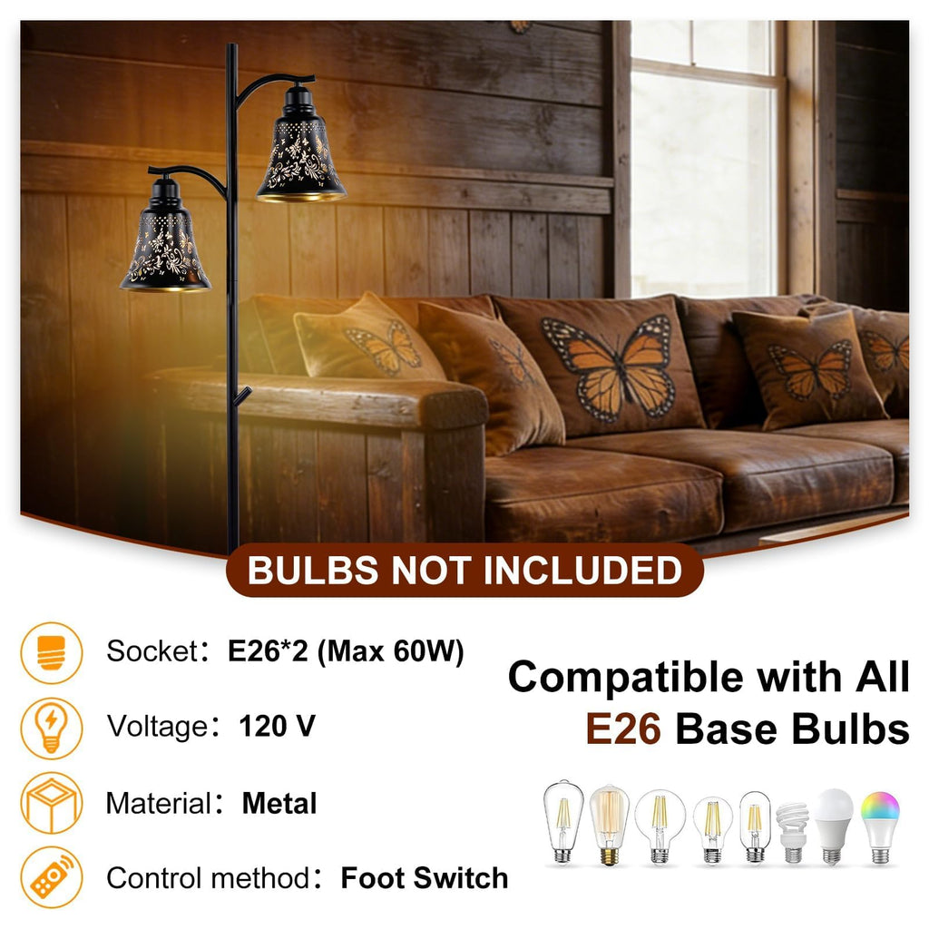 2-Light Rustic Floor Lamp, Butterfly Cutout Bell Shade Black Metal Tree Standing Lamp, 64.56" Farmhouse Floor Lamp, Bar