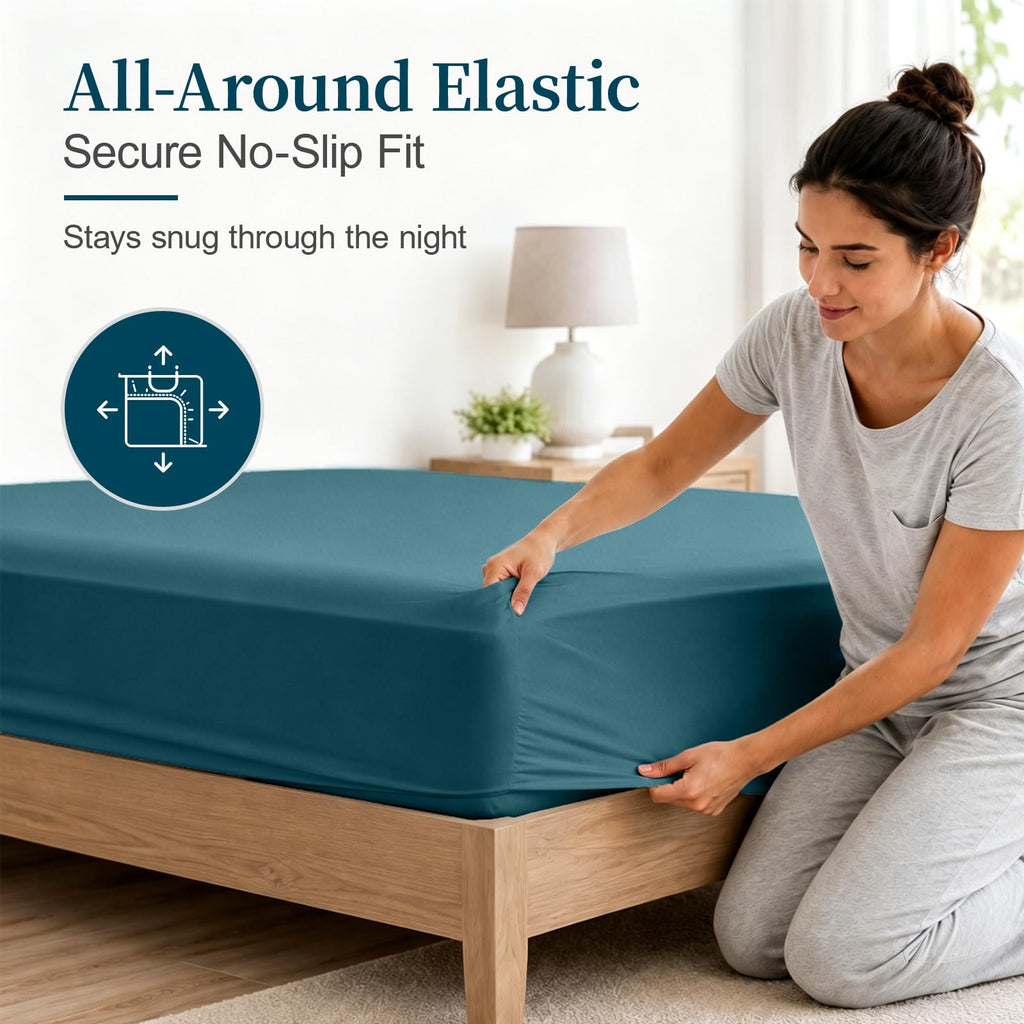 100% Cotton Twin Fitted Sheet Only, 600 Thread Count Sateen Soft Breathable Twin Size Fitted Bed Sheet Deep