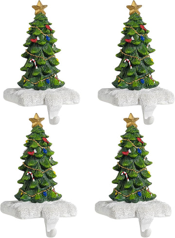 Christmas Tree Stocking Holder for Mantel Set of 4 Resin Stocking Hanger with Sturdy Base Exquisite Details Perfect