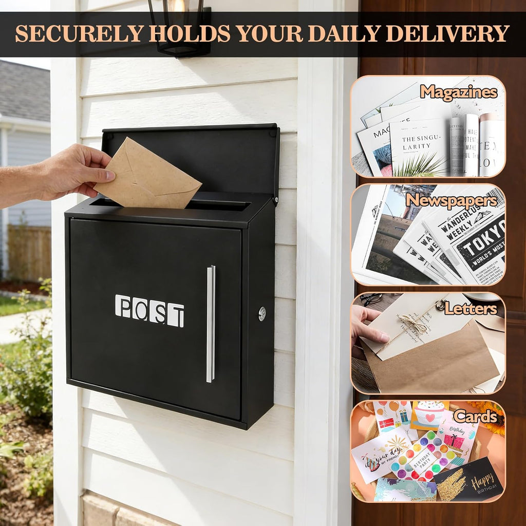 Wall Mounted Mailbox, Modern Metal Galvanized Steel Mailbox 14x13x5inch Large Capacity Mailbox with Lock and Key Drop