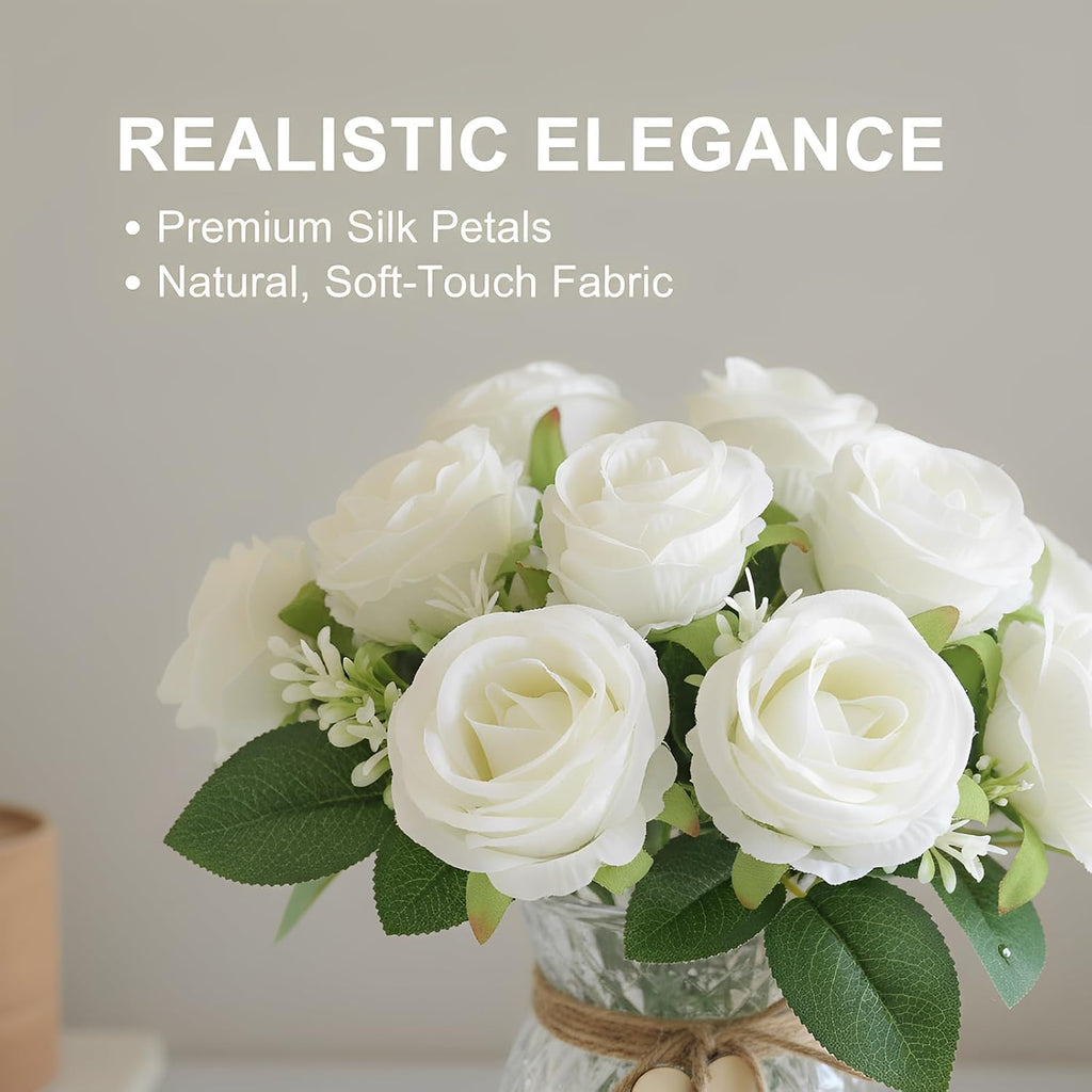 Faux Flowers in Vase, Fake Rose Flowers, Artificial Flowers Decor, Indoor Centerpiece & Dining Table - White - Set of 18