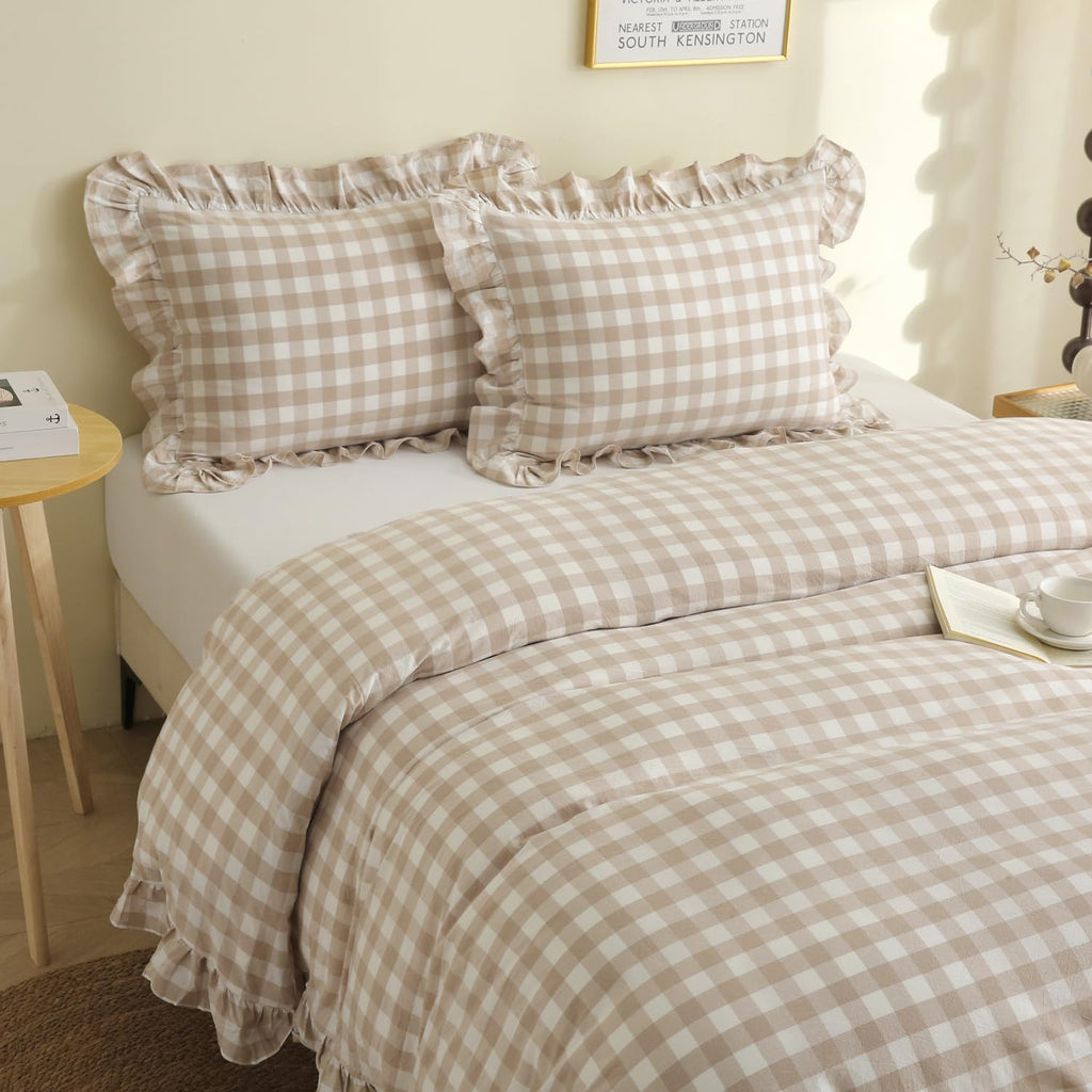 Tan Gingham Plaid Ruffle 3-Piece Duvet Cover Set
